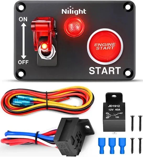 Nilight Ignition Switch Panel 12V 2 in 1 Rocker Switch with Engine Push Button Toggle Switches with Relay Wiring Harness LED for RV Truck Racing Car Boat Marine Trailer