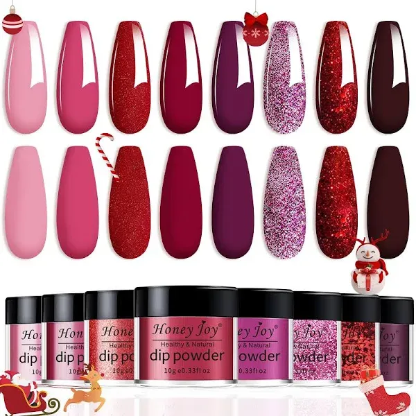 Honey Joy 8pcs/set Fine Dipping Powder Dip Kit Powder Nail Color System, Dark Red Rose Glitter Sequin Purple Red Wine,Like Gel Polish Effect,Even & Smooth Finishing (Dip-8pcs-04)