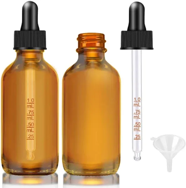 2 oz Amber Glass Dropper Bottles 2 Pack with Labels, Funnel, and Measured Droppe