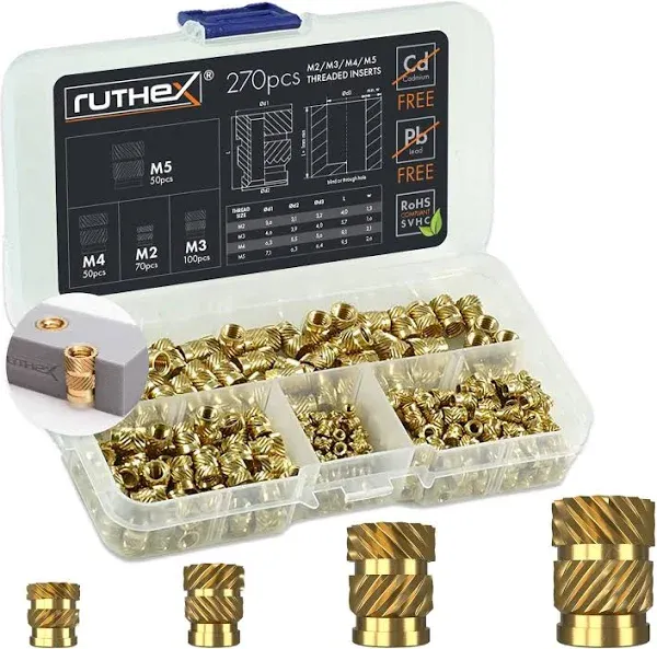 ruthex Threaded Inserts M2 + M3 + M4 + M5 Assortment Box - 70 + 100 + 50 + 50 Pieces - Brass Heat Set Insert for Plastic Parts - Metric knurled Nuts - Insert by Heat into 3D Printing Components