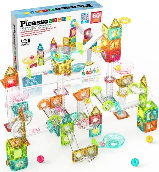 PicassoTiles 60 Piece Magnetic Marble Run Set