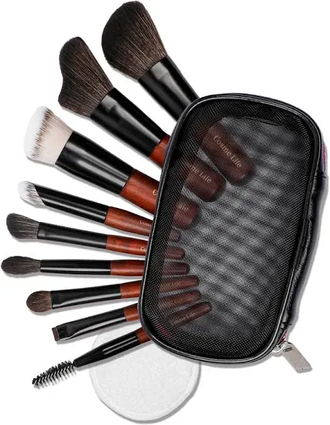 Cosme 9 Flawless Face Mini Makeup Brush Set: Foundation, Eyeshadow, Blush, Contour, Powder Make Up Brush Set & Case. Synthetic & Natural Hair Makeup