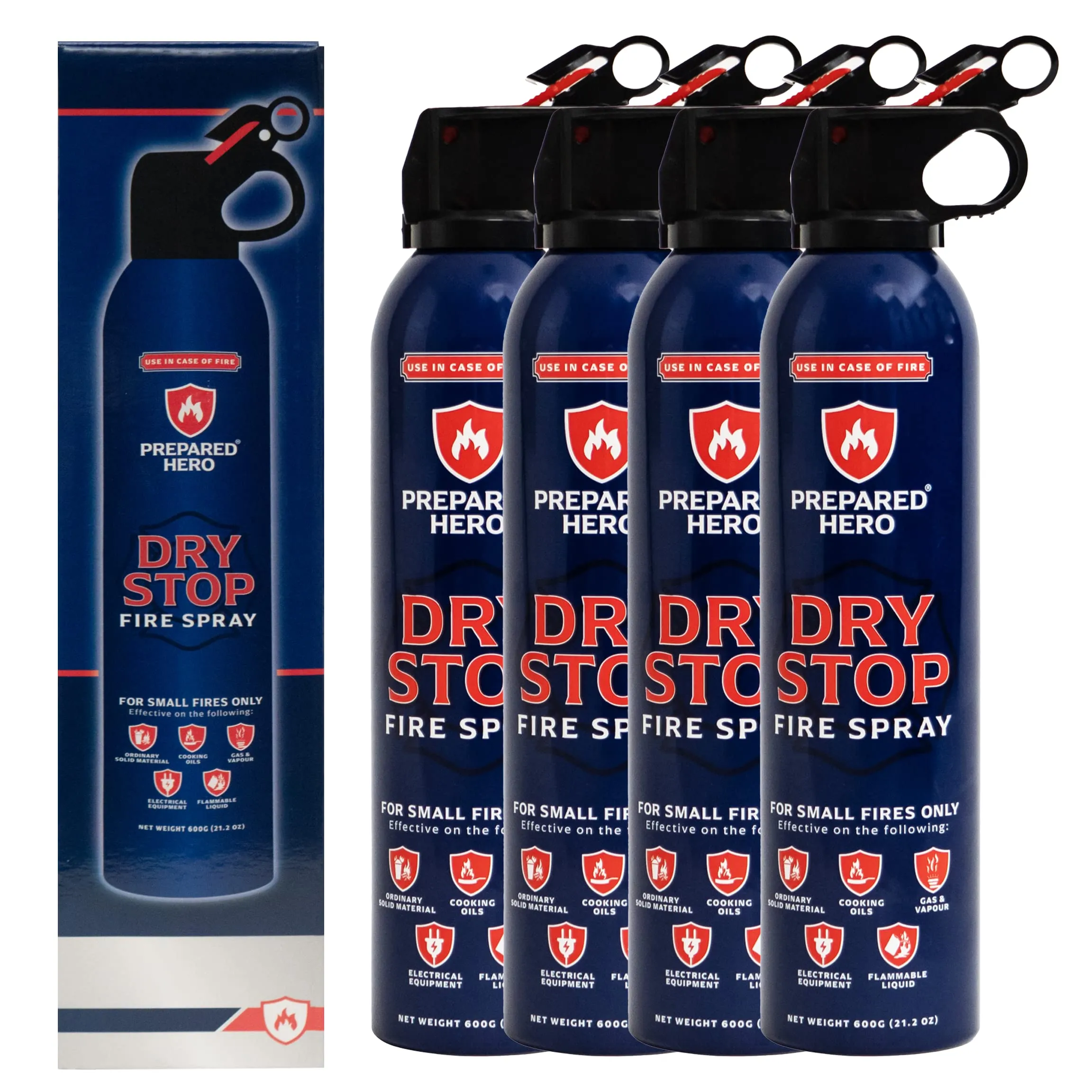 Dry Stop Fire Spray by Prepared Hero - 4 Pack - Portable Fire Extinguisher for Home, Car, Garage, Kitchen - Works on Electrical, Grease, Battery Fires & More - Compact, Easy to Use