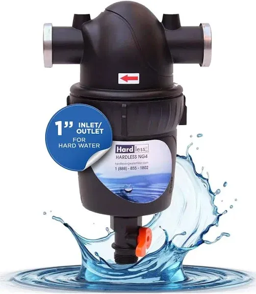 Hardless NG4 Whole House Water Filter - Salt-Free Softening Device - Reduces Limescale, Sediment & More - Compact, Easy to Install - Comes w/ 1" Inlet/Outlet- Filtration System for Extra Hard Water