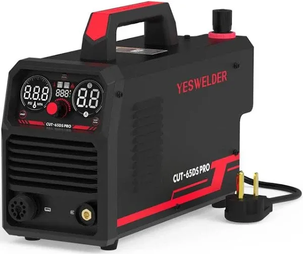 YESWELDER CUT-65DS PRO Non-High Frequency Plasma Cutter, Non-Touch Pilot Arc Digital Display Plasma Cutting Machine & Tilt-Table Large Storage 360° Rolling Welding Cart