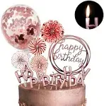 MOVINPE Rose Gold Cake Topper Decoration with Happy Birthday Candles Happy Birthday Banner Confetti Balloon Paper Fans for Rose Gold Theme Party Decor