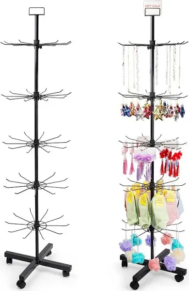 Retail Display Stand Store Display Rack 5 Tier Metal Spinning Display Stand Rack with Wheels Keychain Display Rack with Hooks Jewelry Socking Hat Display Stand for Malls, Showroom, Retail