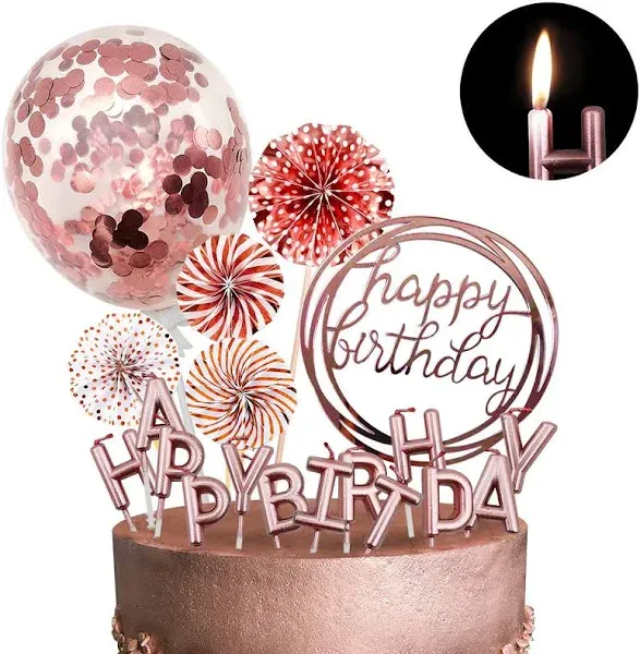 Rose Gold Cake Topper Party Cake Decoration with Happy Birthday Candles Acrylic Confetti Balloon Paper Fan Pink Star Cake Topper