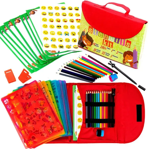 Drawing Stencils for Kids Kit & Carry Case – – Child-Safe, Non-Toxic Stencil Set with 300 Shapes, Colored Pencils, Paper, Etc. – Birthday Gifts & Travel Art Supplies for Creativity, Learning and Fun