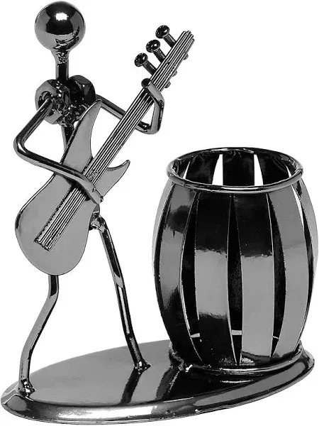 MyGift Decorative Gunmetal Gray Metal Desk Pen Holder Cup with Rocker and Guitar Design, Office Supplies Organizer Pencil Cup