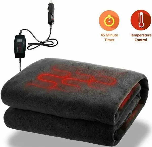 Zone Tech Car Heated Black Fleece Electric Travel Blanket 45 Minute Safety Timer