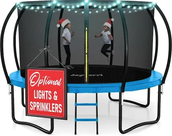 Joyberri Trampoline For Kids and Adults With Trampoline Net, Add-on LED Lights, and Sprinklers, 14-Ft, Blue