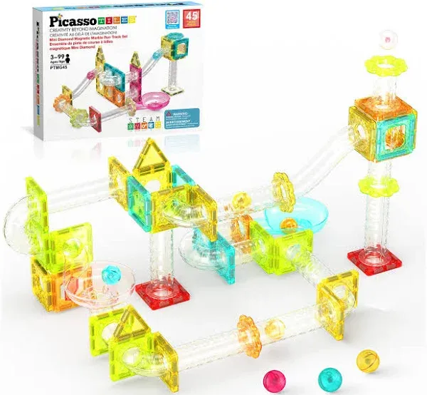 PicassoTiles Marble Run 45 Piece Travel Size Magnetic Tiles Building Blocks