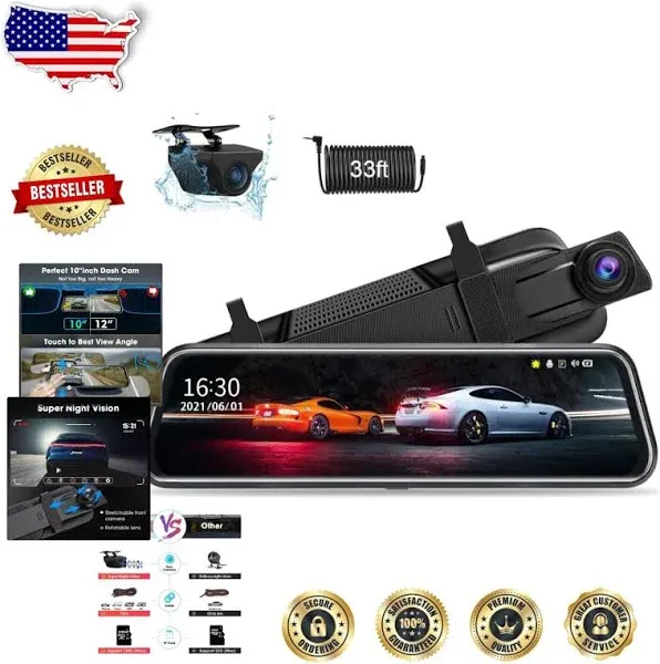 10&#039;&#039; Touch Screen Rear View Mirror Dash Cam - Super Night Vision &amp; Easy Install