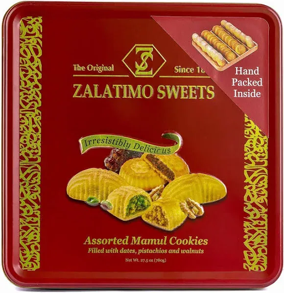 Zalatimo Sweets Since 1860, 100% All Natural Assorted Mamoul Shortbread Cookies, Square Metal Gift Tin, Slightly Sweet Cookies, Pistachio, Walnuts, Dates, No Preservatives, No Additives, 1.7Lbs