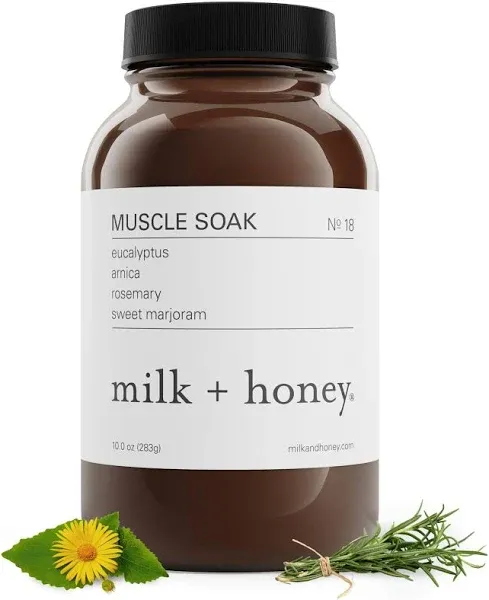 milk + honey Muscle and Bath Soak No. 18, Moisturizing Epsom Salt Bath Soak with Eucalyptus, Arnica, Rosemary and Sweet Marjoram, Soothing Bath Soak, 10 oz