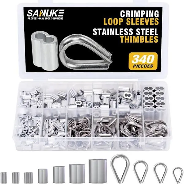 Sanuke 340PcS Stainless Steel Wire Rope cable Thimbles Aluminum crimping Loop Sleeve 364 116 564 332 316 for Wire Rope cable Thi