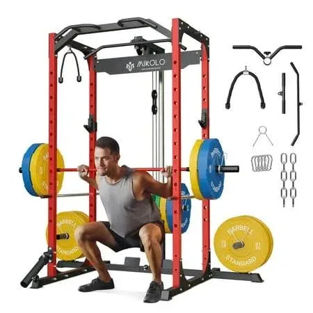 Mikolo Power Rack Cage with LAT Pulldown System,1200LBS Capacity Rack, Multi-Functional Squat Rack with 13-Level Adjustable Height and J-Hooks