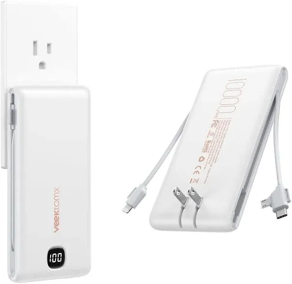 VEEKTOMX Portable Charger with Built in Cables 10000mAh, Power Bank for iPhone with Wall Plug, Travel Essential Fast Charging USB C Slim External Battery Pack for iPhone16/15/14, Samsung, iPad, etc