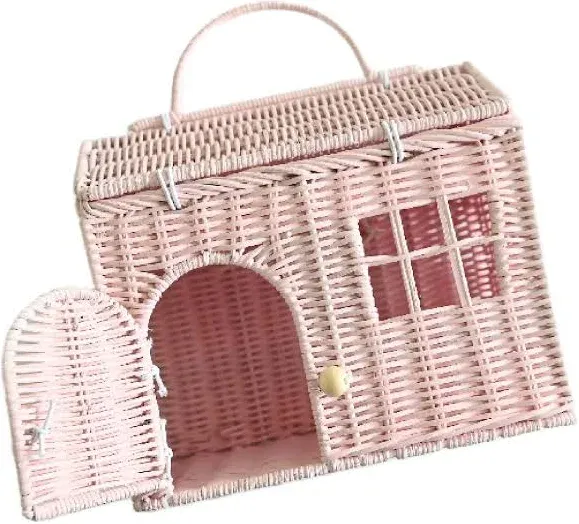 Rool Rattan House Shaped Basket Wicker Small Dollhouse Gift for Girls, Boho Toys