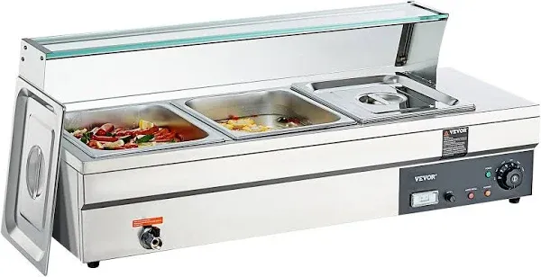 VEVOR 3-Pan Commercial Food Warmer 3 x 12Qt Electric Steam Table with Tempered Glass Cover BL312QT1500W3CLFRV1