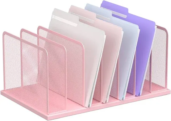 Kuntine.B Desk File Organizer Upright Mesh Desktop Organizer File Sorter Office Organization File Holder for Home, Office & Classroom (Pink, 1 Pack 7-Section)