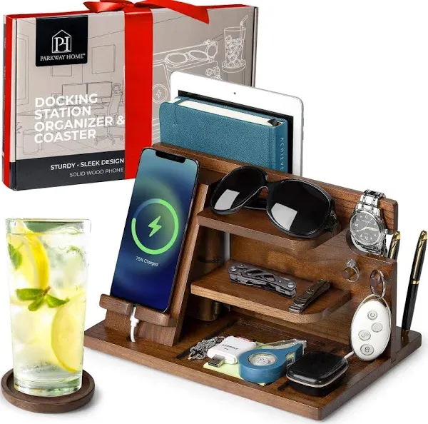 Wood Phone Docking Station - Wood Charging Station Organizer Stand, Bedside Nightstand Organizer for Men and Women, Holds Phone, Tablet, Keys, Glasses, EDC and More