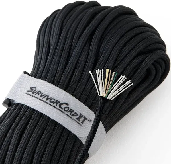 XT Paracord from Titan Survival 100ft USA Made - Patented 1000LB Strength Survival Paracord 750 with 3 Strands - Heavy Duty Military Hank Cord for Outdoors with Firestarter, Black