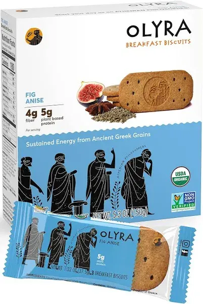 Olyra Fig Anise Breakfast Biscuits, Healthy Snacks for Kids and Adults, Low Sugar, High Fiber, Vegan Organic Cookies, with Ancient Greek Grains, USDA Certified Organic, Non GMO, 4 Count (Pack of 6)