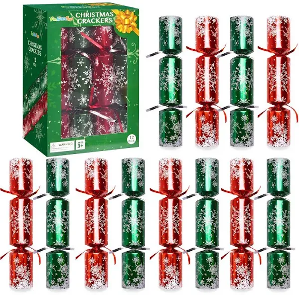 Christmas Crackers, 12 Pack Valentines No Snap Party Favors with Party Hat, Joke & Little Gift Inside for Christmas Thanksgiving Seasonal Holiday Dinner Traditions (Red and Green)