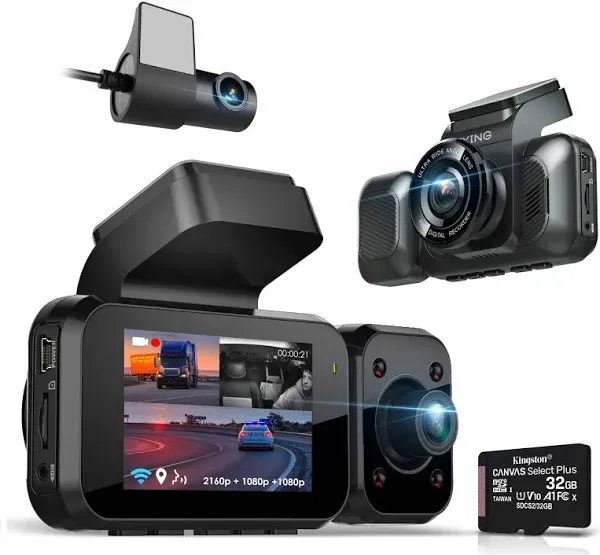 4K 3-Channel Dash Cam with Wi-Fi, GPS, Voice Control, G-Sensor, and Loop Recording – Super Capacitor, 170° Wide Angle, 32GB MicroSD Included