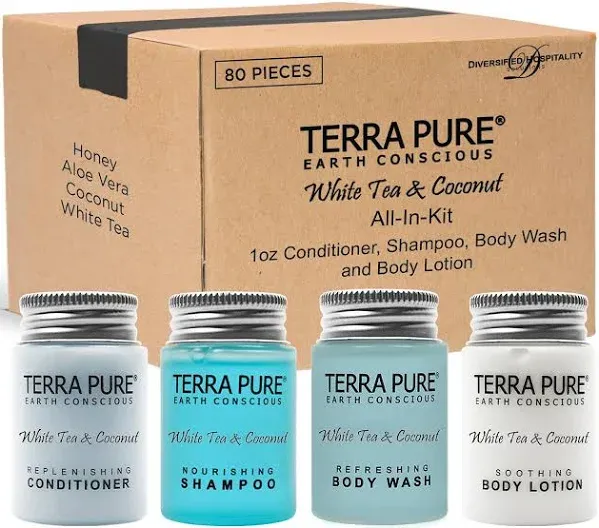 Terra Pure White Tea & Coconut 1.0 oz. Toiletries Set | 1-Shoppe All-In-Kit Amenities For Hotels, Airbnb & Rentals | Hotel Shampoo & Conditioner, Body Wash, Body Lotion | 80 Piece Travel Set