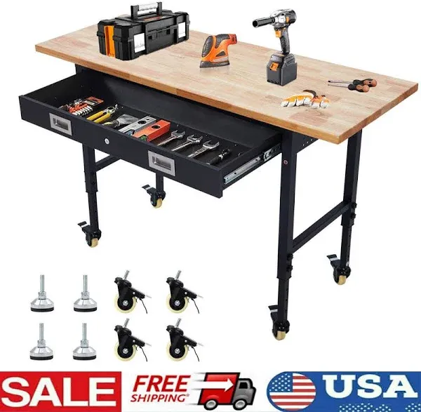 Work Bench with Storage, Drawers, Rolling Wheels, Power Outlet - Metal Framed Hardwood Table Top Workbench for Garage, 60" Heavy-Duty Adjustable Garage Work Bench, 2700 LBS Load Capacity