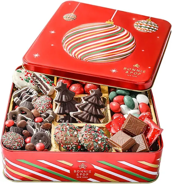 Holiday Gourmet Chocolate Candy Gift Basket with Keepsake Tray - Bonnie and Pop