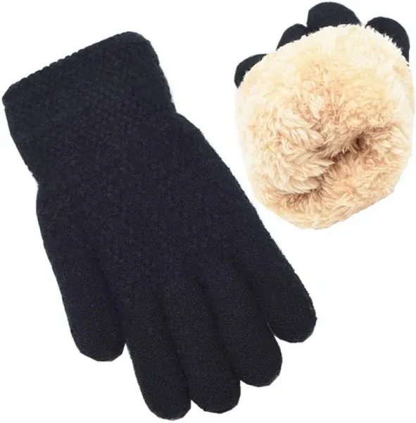 Winter Gloves for Boys Girls - Kids Warm Knit Thermal Cable 1 Pair Black