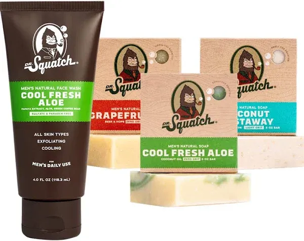 Dr. Squatch Men's Face Wash and Bar Soap Bundle - Exfoliating Face Wash made with Natural Ingredients - Cool Fresh Aloe Face Wash and Cool Fresh Aloe, Grapefruit IPA, and Coconut Castaway Bar Soap