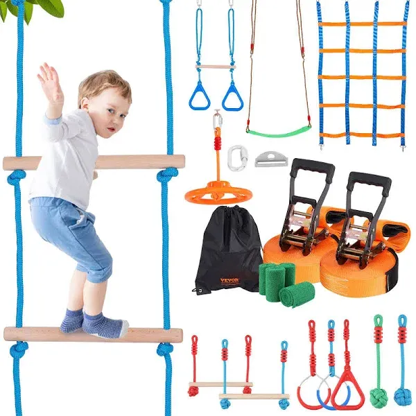 VEVOR Ninja Warrior Obstacle Course for Kids, 2 x 65 ft Weatherproof Slacklines, 500lbs Weight Capacity Monkey Line, Outdoor Playset Equipment, Backyard Toys Training Equipment Set with 12 Obstacles