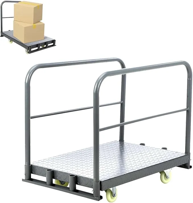 Steel Panel Truck Cart, Platform Truck Cart Heavy Duty Lumber Cart Drywall Dolly 2000 lbs Capacity with 360°Swivel Casters 1Front and 2 Side Handrails Push Cart for Carry Objects(36" x 24")