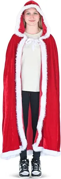 Skeleteen Red Velvet Santa Cape - Long Velour Hooded Cloak with White Fur Trimming Christmas Holiday Santa Claus and Mrs Claus Costume Robe with Hood - For Adults and Kids