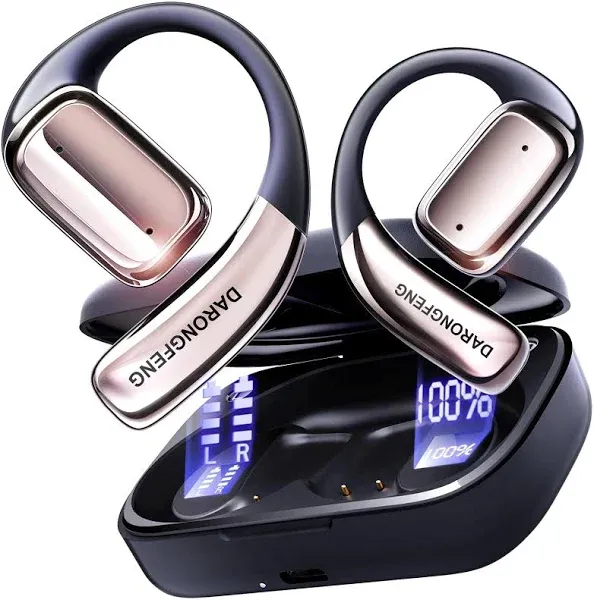 DARONGFENG Open Ear Wireless Bluetooth Headphones, Pain-Free Air Conduction Ear Buds with LED Digital Display Charging Case, Sweat Resistant for