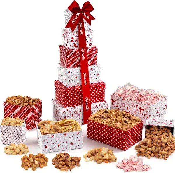 Holiday Gift Basket Tower - with Nuts and Snacks, Gourmet Cravings Indulgence - 