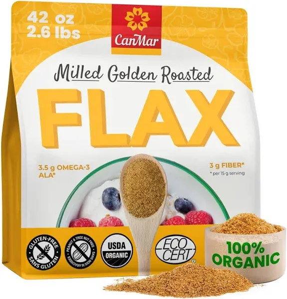 CanMar Ground Milled Golden Roasted Organic Flax Seed (42 Oz) Vegan Organic Flaxseed Ground - Non-GMO, Gluten Free - Organic Flax Seeds - Ground Flaxseed Meal with Omega-3, Fiber - Linseed Flax Powder