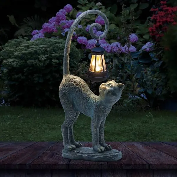 Resin Cat Statue with Solar Lantern, Eye-catching Garden Sculpture Decor，15.3...