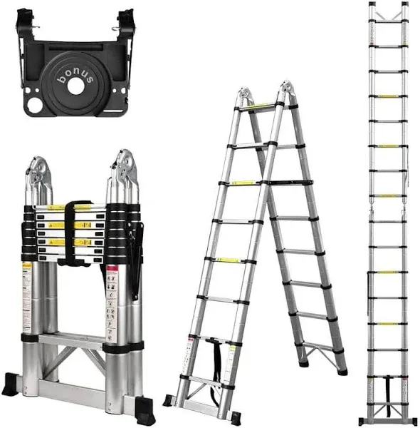 Telescoping Ladder A Frame, 16.5 Ft Compact Aluminum Extension Ladder, Portable Telescopic RV Ladder for Outdoor Camper Trips Motorhome with Tool Platform and Stabilizer Bar, 330 lb