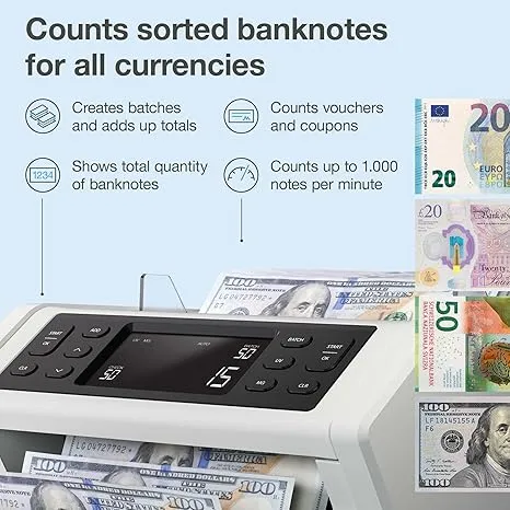 Safescan 2250 Money Counter Machine with Counterfeit Detection, Multi-Currency, Add/Batch Modes, LCD-Display, High-Speed Counts and Sorts 1,000 bills per minute, 3 Point Counterfeit Check