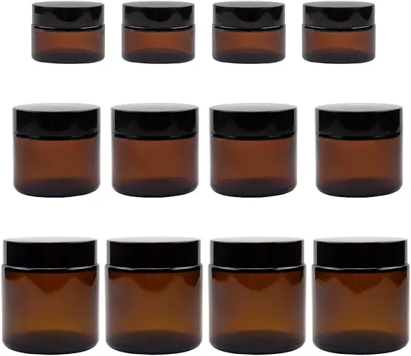 Cornucopia 1, 2 & 4-Ounce Amber Glass Straight Sided Jars (Combo Pack, 4 Each / 12 Total); Great Containers for Cosmetics, Lotions, Body Scrubs & Balms