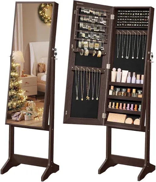 SONGMICS Mirror Jewelry Cabinet Armoire, Standing Full-Length Mirror, Lockable Jewelry Organizer, Gift Idea, Brown Surface and Black Lining UJJC69BR