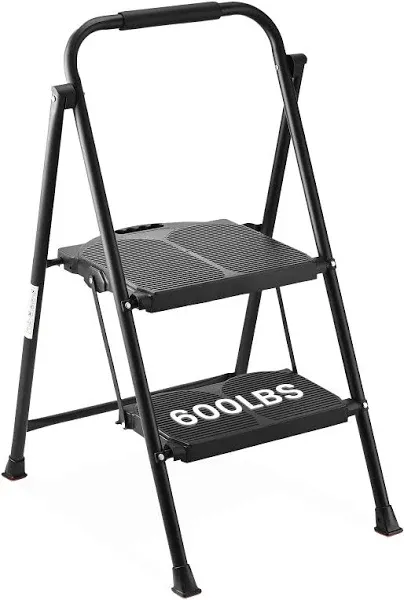 600lbs 2 Step Ladder,Folding Step Stool with Wide Anti-Slip Pedal, Lightweight Sturdy Steel Ladder with Handgrip,Portable Steel Step Stool for Home Kitchen Library Office, Black