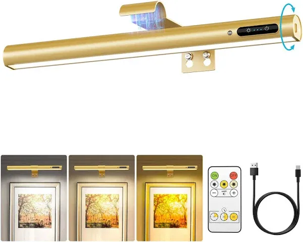 Olafus Picture Light Battery Operated with Remote, Rechargeable Wireless Wall Light, 3 Color Temperatures, Infinite Dimming and Timer, Cordless Art Frame Lighting, Gallery Painting Display Lamp Gold