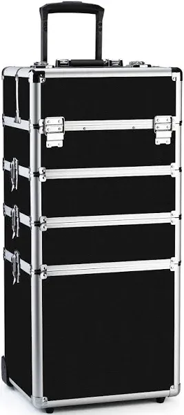 OUDMAY Makeup Rolling Train Case 4-in-1 Professional Artist Trolley Cosmetic Organizer with 2 Wheels Durable Aluminum Frame Folding Trays and Locks Silver